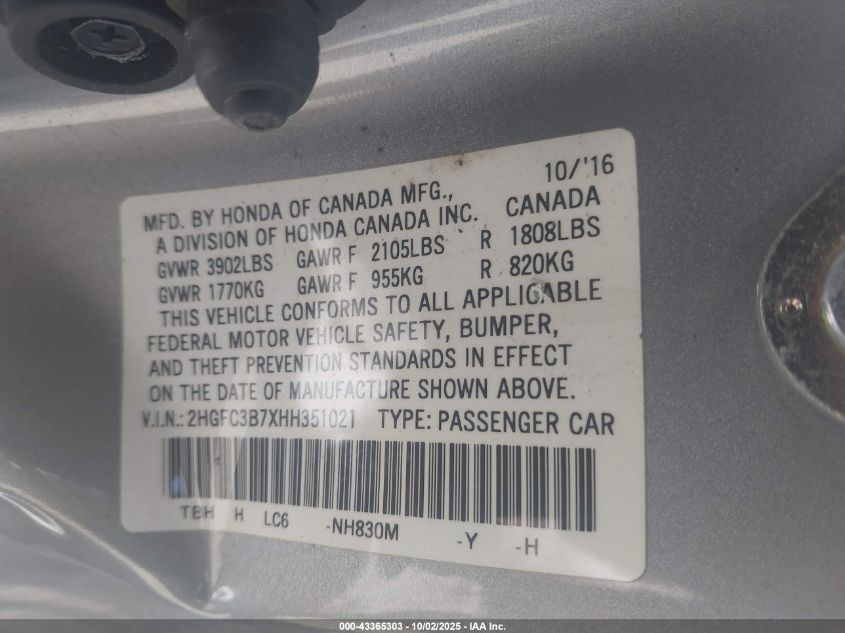 2017 Honda Civic Ex-L VIN: 2HGFC3B7XHH351021 Lot: 43365303