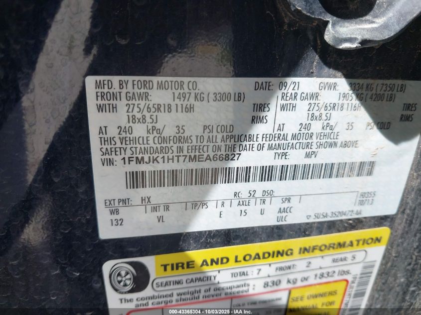 2021 Ford Expedition Xlt Max VIN: 1FMJK1HT7MEA66827 Lot: 43365304