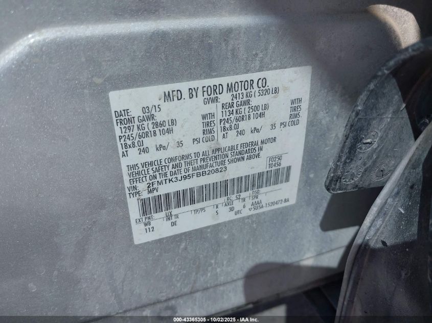 2015 Ford Edge Sel VIN: 2FMTK3J95FBB20823 Lot: 43365305