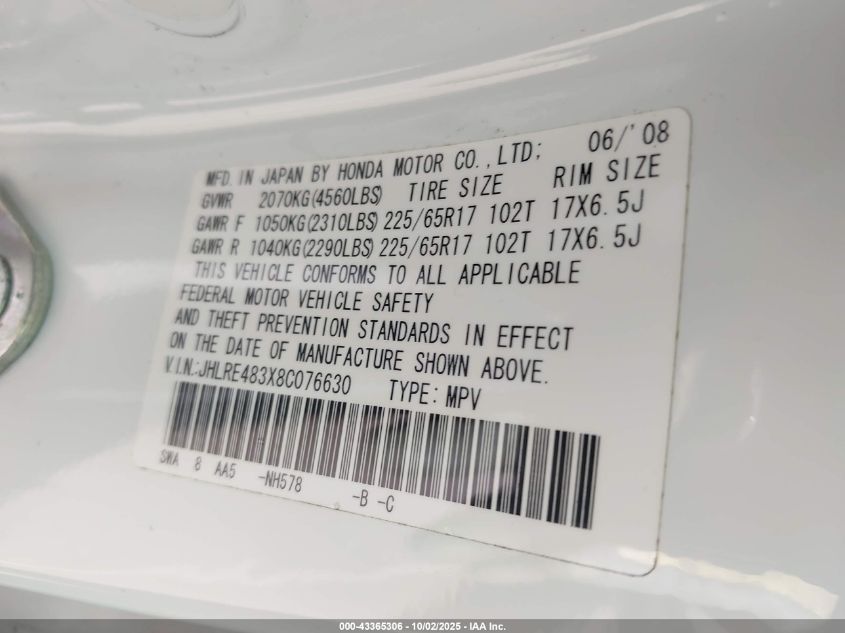 2008 Honda Cr-V Lx VIN: JHLRE483X8C076630 Lot: 43365306