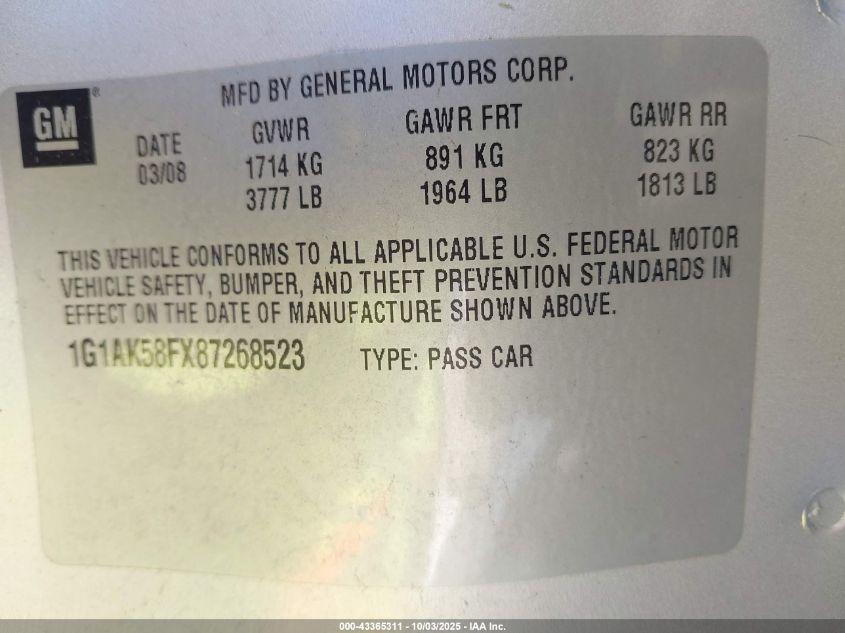 2008 Chevrolet Cobalt Ls VIN: 1G1AK58FX87268523 Lot: 43365311