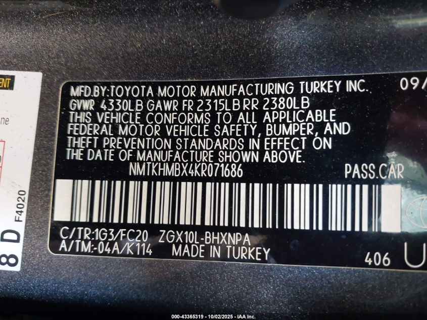 2019 Toyota C-Hr Le VIN: NMTKHMBX4KR071686 Lot: 43365319