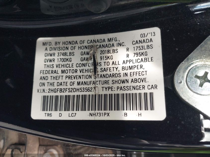 2013 Honda Civic Lx VIN: 2HGFB2F52DH535627 Lot: 43365324