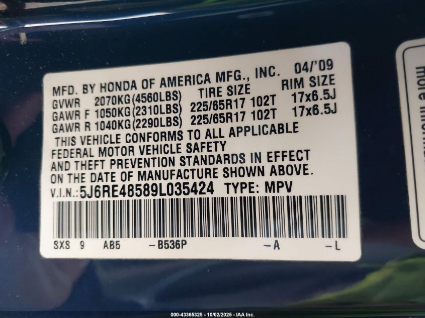 2009 Honda Cr-V Ex VIN: 5J6RE48589L035424 Lot: 43365325