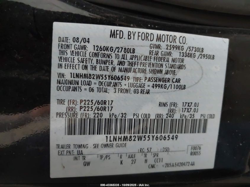 2005 Lincoln Town Car Signature Limited VIN: 1LNHM82W55Y606549 Lot: 43365335