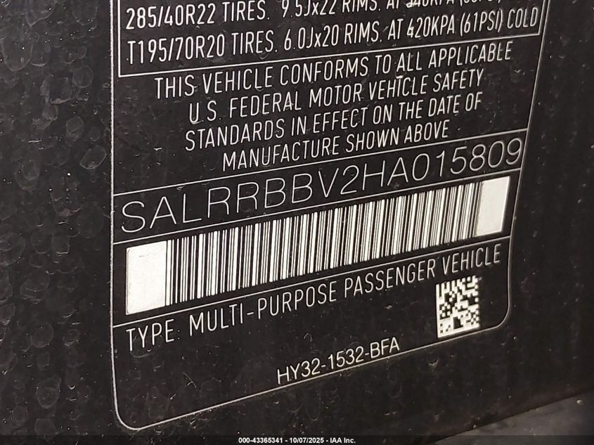 2017 Land Rover Discovery Hse VIN: SALRRBBV2HA015809 Lot: 43365341