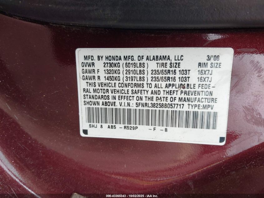 2008 Honda Odyssey Lx VIN: 5FNRL38258B057717 Lot: 43365343