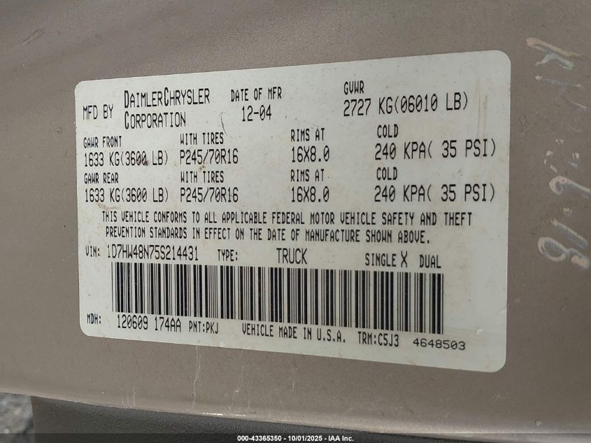 2005 Dodge Dakota Slt VIN: 1D7HW48N75S214431 Lot: 43365350