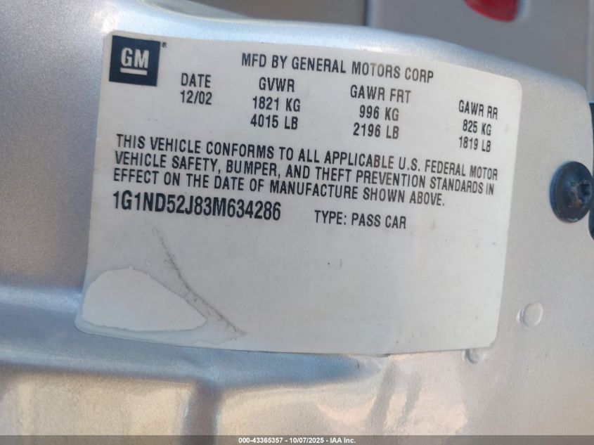 2003 Chevrolet Malibu VIN: 1G1ND52J83M634286 Lot: 43365357