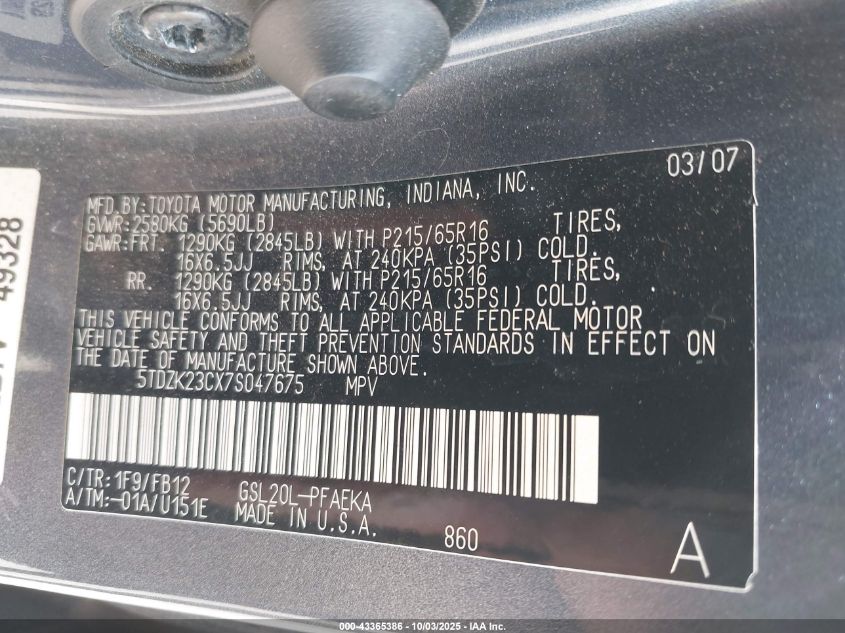 2007 Toyota Sienna Ce VIN: 5TDZK23CX7S047675 Lot: 43365386