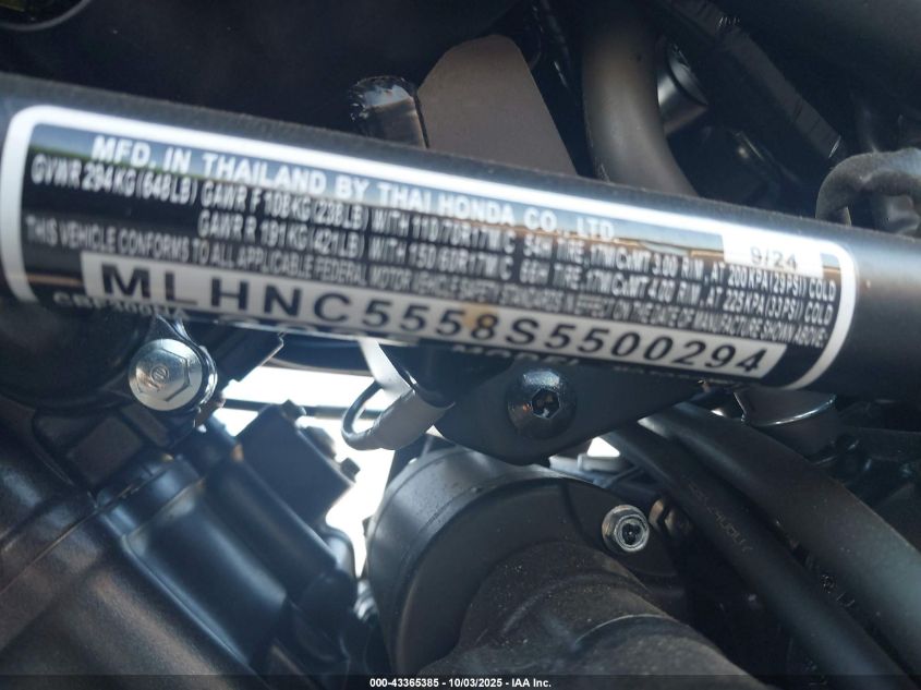 2025 Honda Cbf300 Na VIN: MLHNC5558S5500294 Lot: 43365385