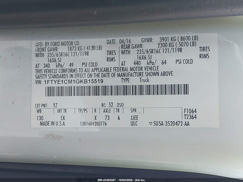 2016 FORD TRANSIT-150 - 1FTYE1CM1GKB15519