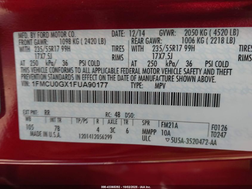 2015 Ford Escape Se VIN: 1FMCU0GX1FUA90177 Lot: 43365392