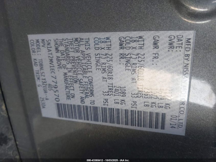 2014 Nissan Rogue Sl VIN: 5N1AT2MV1EC779570 Lot: 43365412