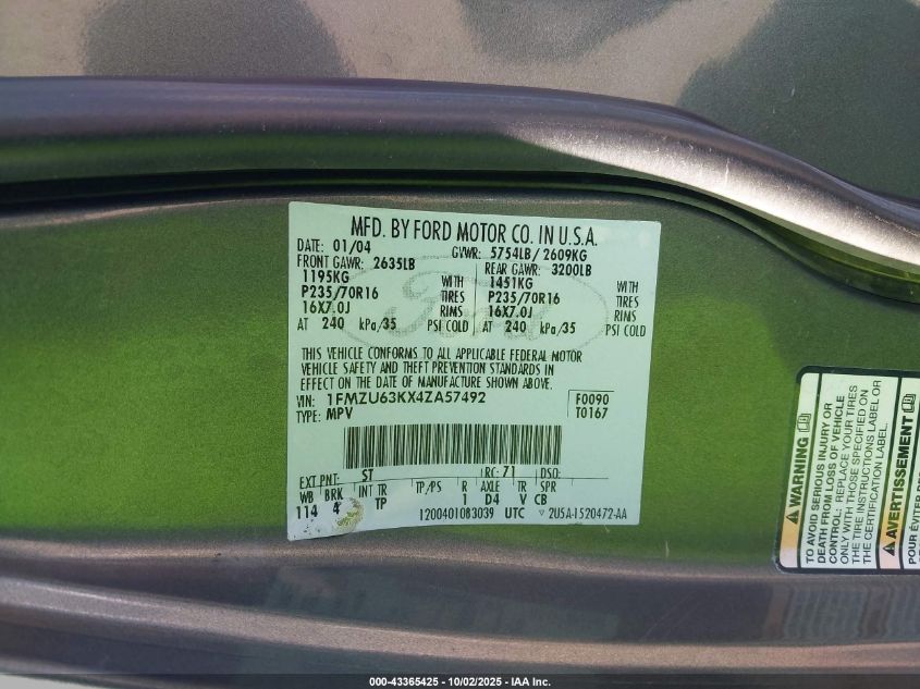 2004 Ford Explorer Xlt VIN: 1FMZU63KX4ZA57492 Lot: 43365425