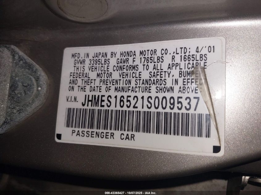 2001 Honda Civic Lx VIN: JHMES16521S009537 Lot: 43365427