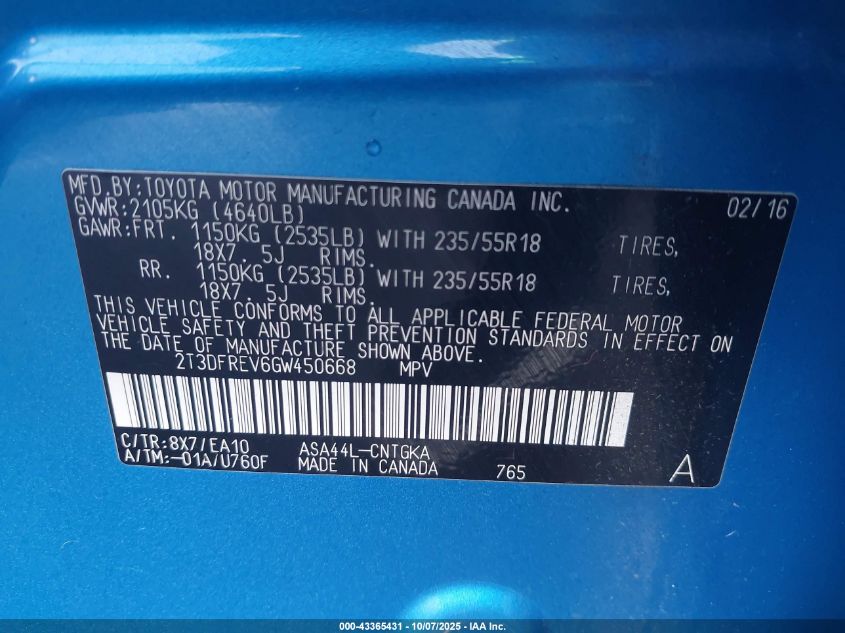 2016 Toyota Rav4 Limited VIN: 2T3DFREV6GW450668 Lot: 43365431