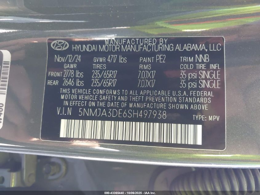 2025 Hyundai Tucson Se VIN: 5NMJA3DE6SH497938 Lot: 43365440