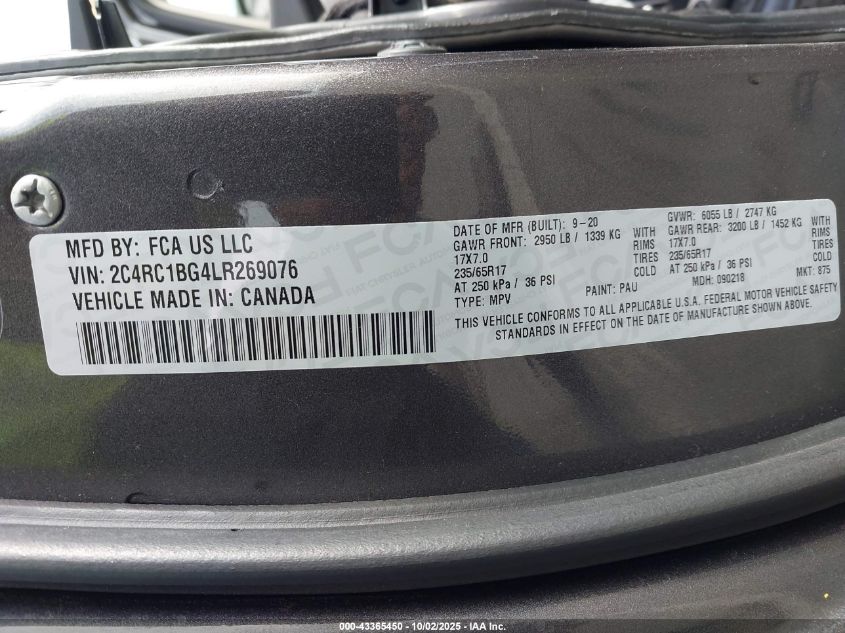 2020 Chrysler Pacifica Touring L VIN: 2C4RC1BG4LR269076 Lot: 43365450