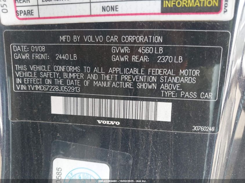 2008 Volvo C70 T5 VIN: YV1MC67228J052913 Lot: 43365460