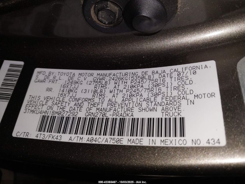 2011 Toyota Tacoma Prerunner V6 VIN: 3TMKU4HN1BM027292 Lot: 43365467