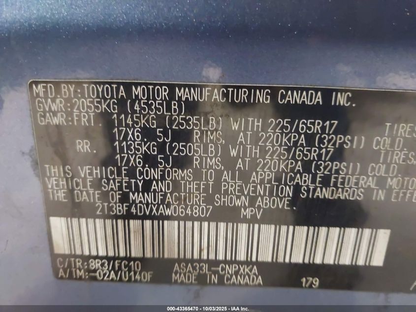 2010 Toyota Rav4 VIN: 2T3BF4DVXAW064807 Lot: 43365470