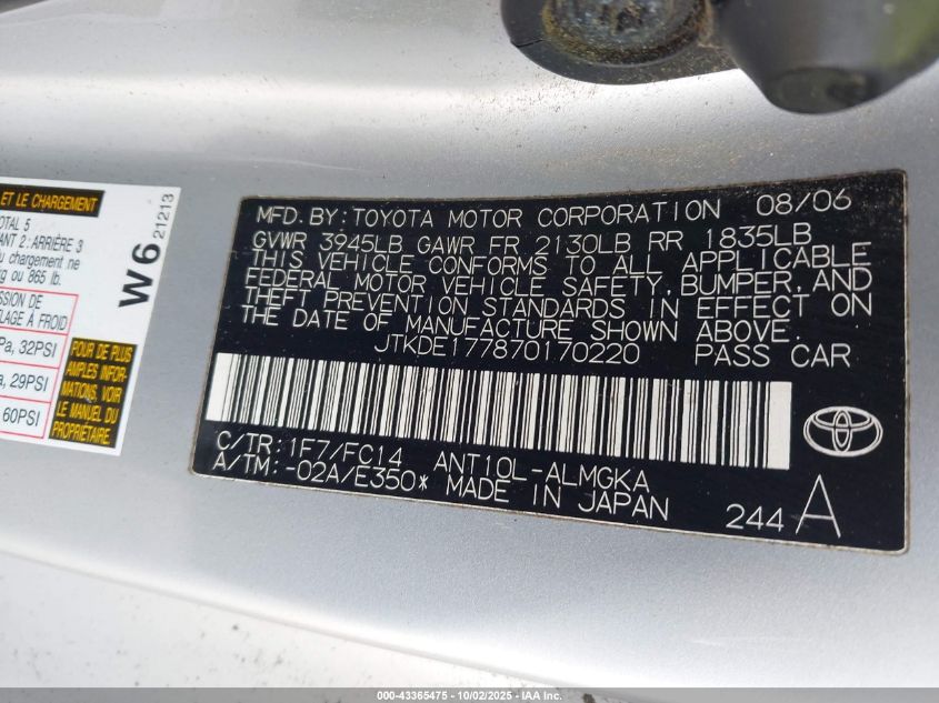 2007 Scion Tc VIN: JTKDE177870170220 Lot: 43365475