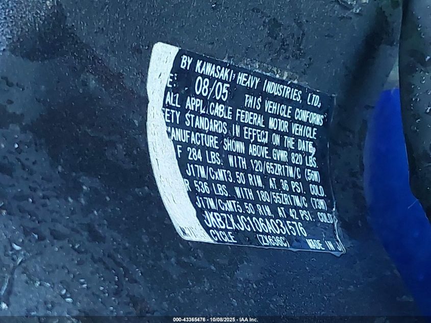 2006 Kawasaki Zx636 C1 VIN: JKBZXJC106A031576 Lot: 43365476