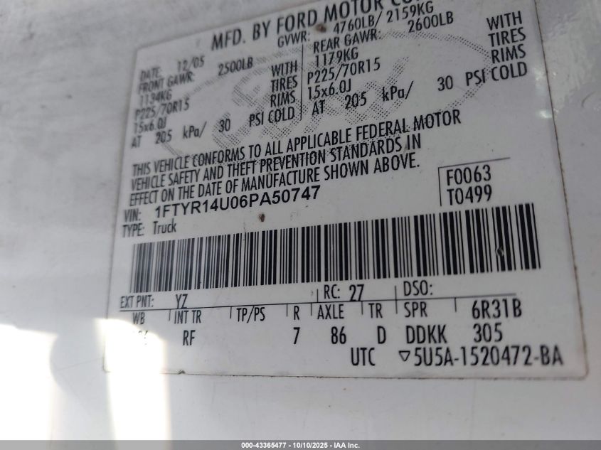 2006 Ford Ranger Sport/Stx/Xl/Xlt VIN: 1FTYR14U06PA50747 Lot: 43365477