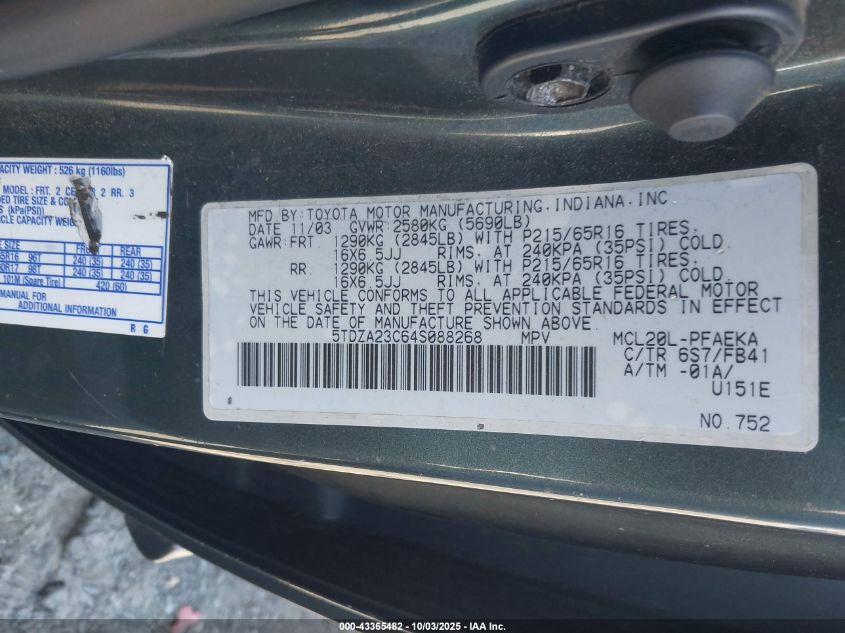 2004 Toyota Sienna Le VIN: 5TDZA23C64S088268 Lot: 43365482