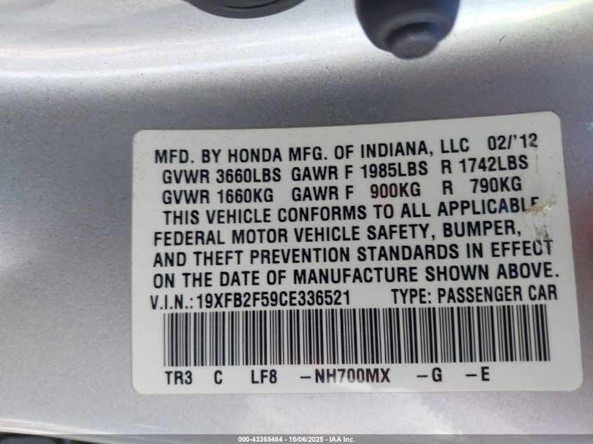 2012 Honda Civic Lx VIN: 19XFB2F59CE336521 Lot: 43365484