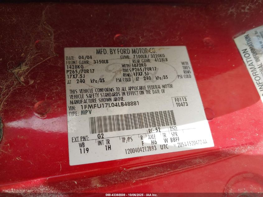 2004 Ford Expedition Eddie Bauer VIN: 1FMFU17L04LB48881 Lot: 43365508