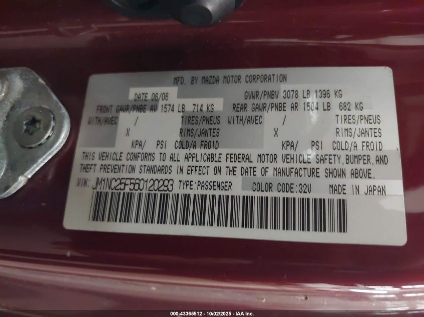 2006 Mazda Mx-5 Grand Touring VIN: JM1NC25F560120293 Lot: 43365512