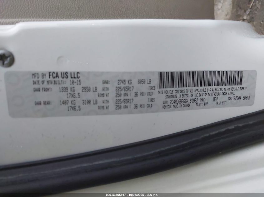 2016 Dodge Grand Caravan American Value Pkg VIN: 2C4RDGBG6GR181992 Lot: 43365517