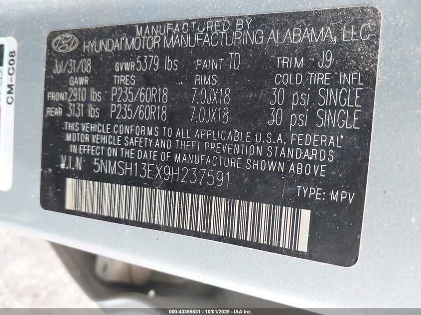 2009 Hyundai Santa Fe Limited VIN: 5NMSH13EX9H237591 Lot: 43365531