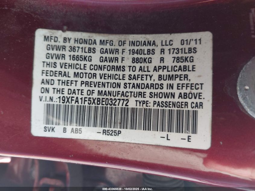 2011 Honda Civic Lx VIN: 19XFA1F5XBE032772 Lot: 43365538