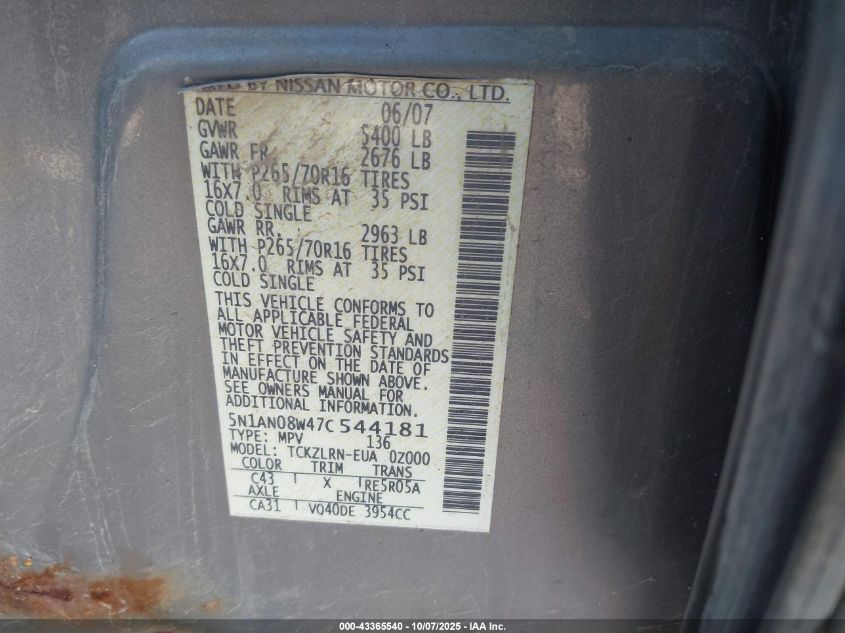 2007 Nissan Xterra S VIN: 5N1AN08W47C544181 Lot: 43365540