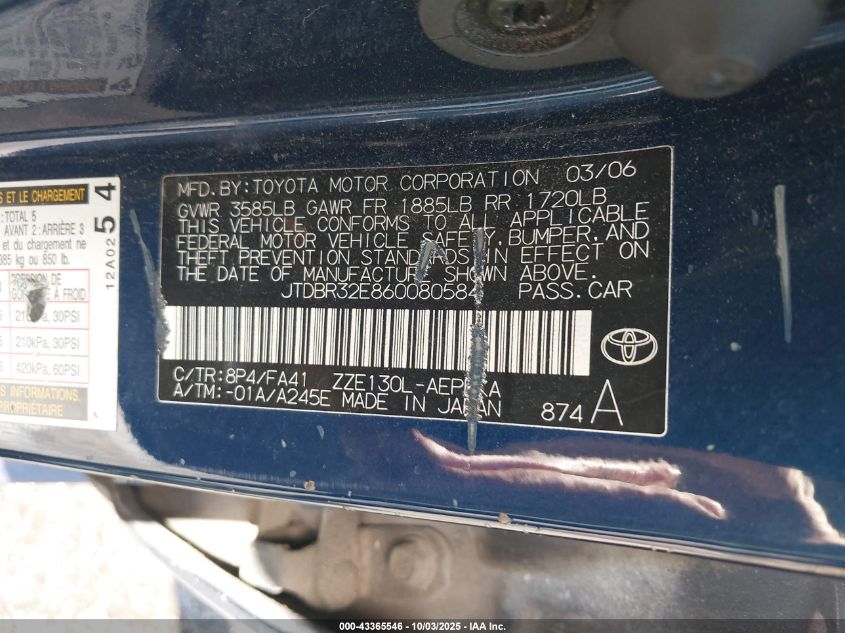 2006 Toyota Corolla Ce VIN: JTDBR32E860080584 Lot: 43365546