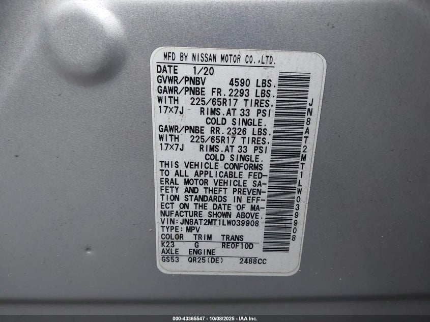 2020 Nissan Rogue S Fwd VIN: JN8AT2MT1LW039908 Lot: 43365547