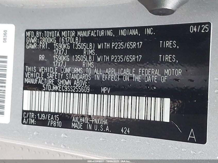 5TDJRKEC9SS255609 2025 TOYOTA SIENNA photo no. 9