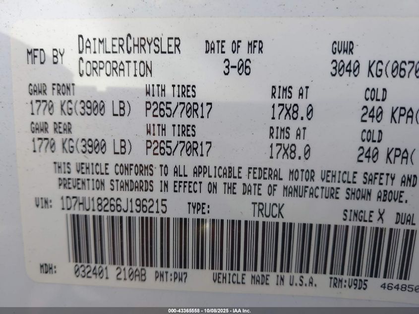 2006 Dodge Ram 1500 Slt/Trx4 Off Road/Sport VIN: 1D7HU18266J196215 Lot: 43365558