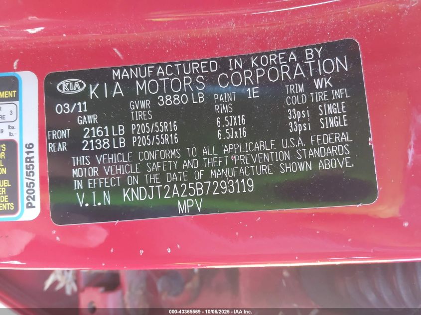 2011 Kia Soul + VIN: KNDJT2A25B7293119 Lot: 43365569