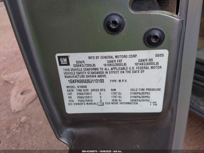 2006 GMC Yukon Xl 1500 Denali VIN: 1GKFK66U26J113103 Lot: 43365570