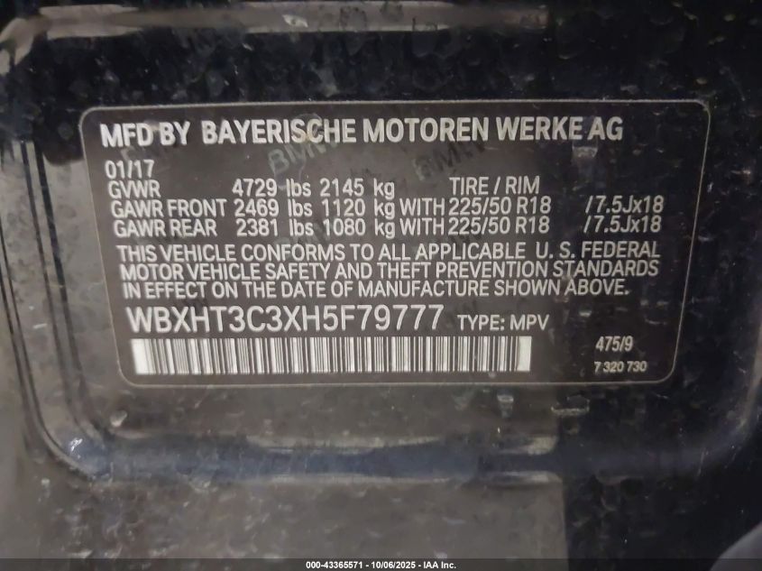 2017 BMW X1 xDrive28I VIN: WBXHT3C3XH5F79777 Lot: 43365571