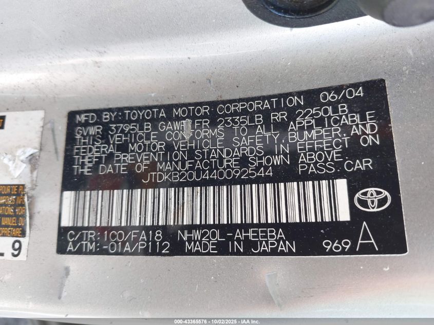 2004 Toyota Prius VIN: JTDKB20U440092544 Lot: 43365576