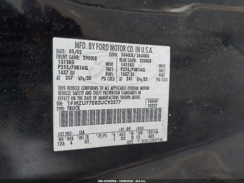 2002 Ford Explorer Sport Trac VIN: 1FMZU77E82UC93577 Lot: 43365594