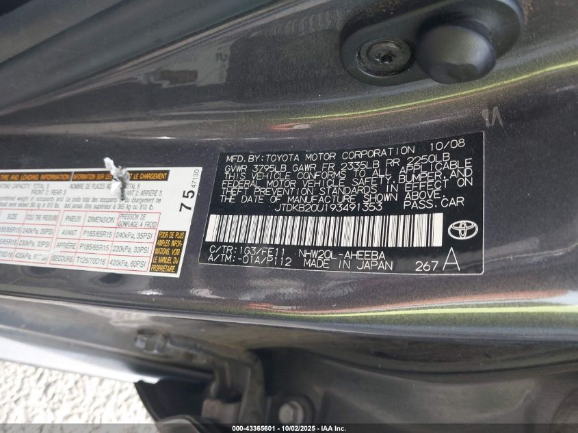 2009 Toyota Prius VIN: JTDKB20U193491353 Lot: 43365601