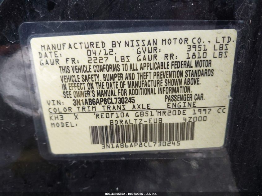 2012 Nissan Sentra 2.0 S VIN: 3N1AB6AP8CL730245 Lot: 43365602