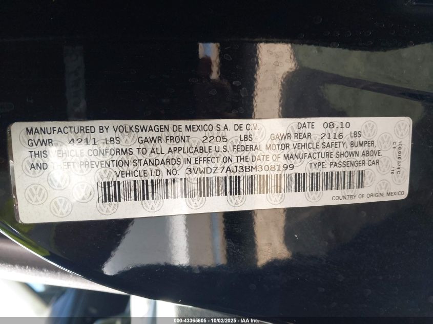 2011 Volkswagen Jetta 2.5L Se VIN: 3VWDZ7AJ3BM308199 Lot: 43365605