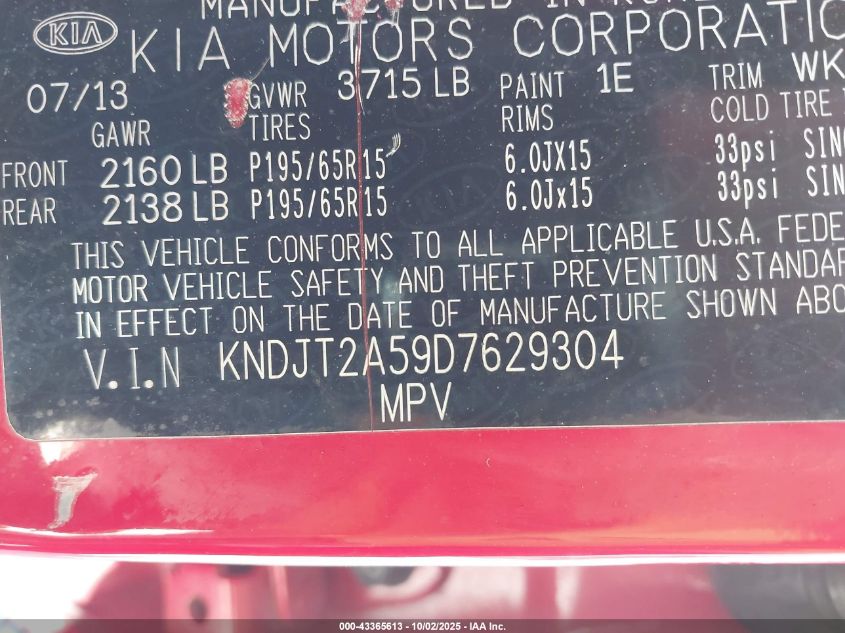 2013 Kia Soul VIN: KNDJT2A59D7629304 Lot: 43365613